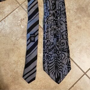 Versace Baroque Scroll & Stripe Silk Tie Black & Gray 100% Silk Designer Necktie